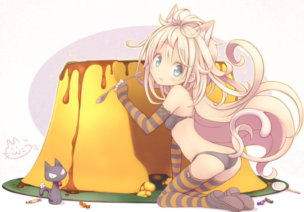 1girl, :t, animal_ears, bangs, bikini, black_bikini, blonde_hair, blue_eyes