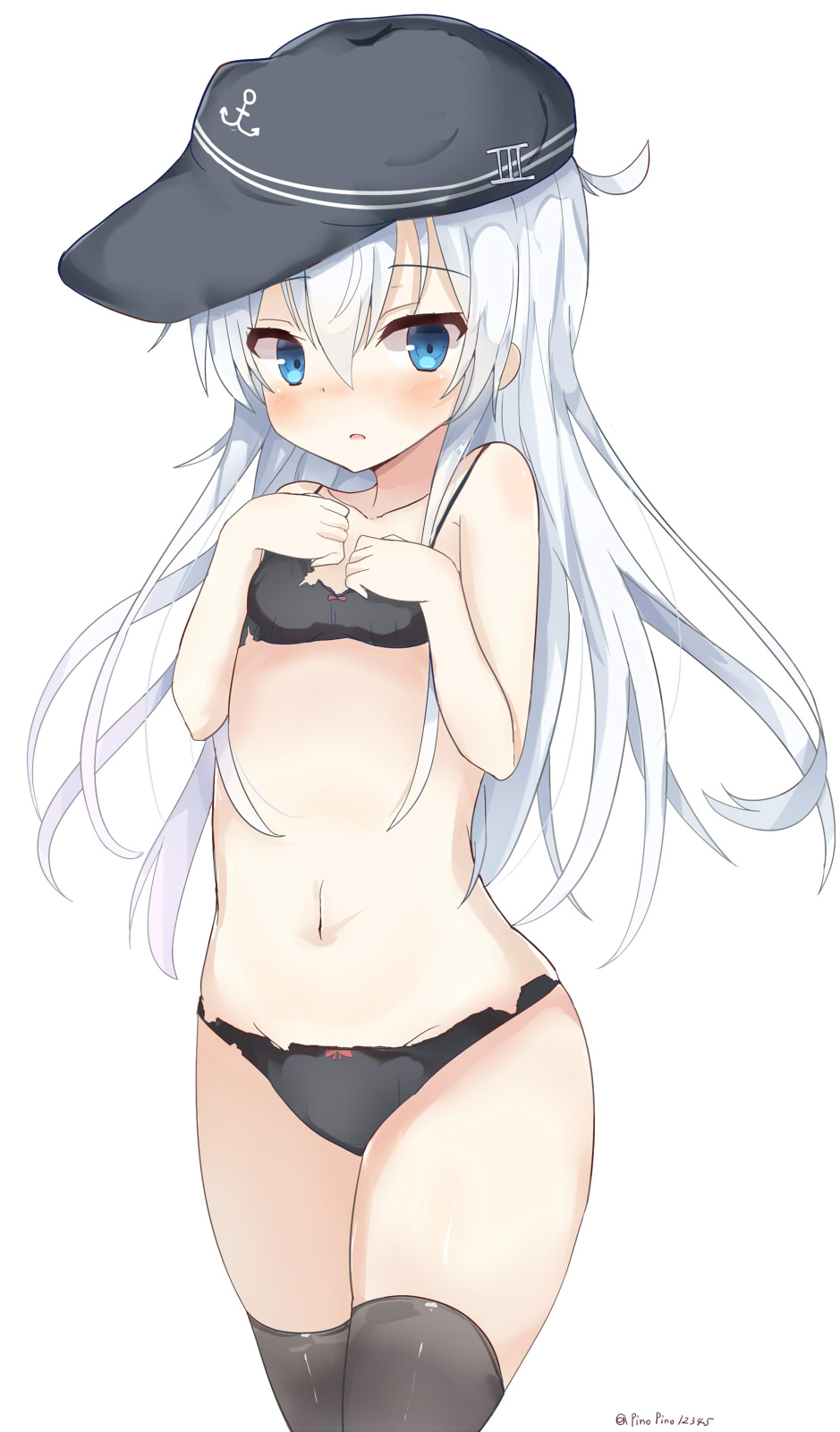 1girl, anchor_symbol, black_bra, black_legwear, black_panties, blue_eyes, blush, bow