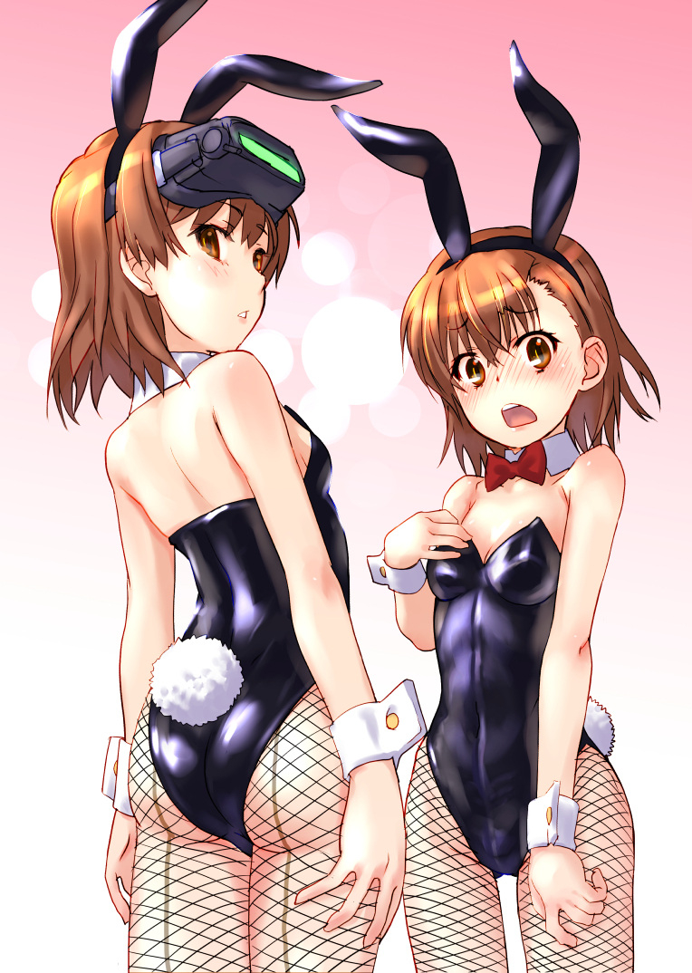 2girls, animal_ears, arms_at_sides, ass, back, bangs, bare_shoulders, black_leotard