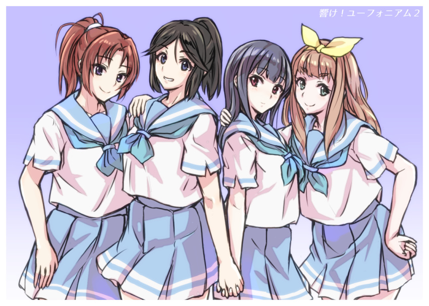 4girls, black_hair, brown_hair, green_eyes, hibike!_euphonium, holding_hands, kasaki_nozomi, long_hair, misogi_(misogi1341), multiple_girls, nakagawa_natsuki, neckerchief, ponytail, red_eyes, school_uniform, serafuku, short_hair, standing, violet_eyes, yoroizuka_mizore, yoshikawa_yuuko
