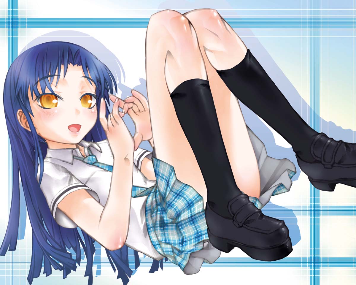 blue_hair, blunt_bangs, blush, brown_eyes, foreshortening, heart, heart_hands, hime_cut