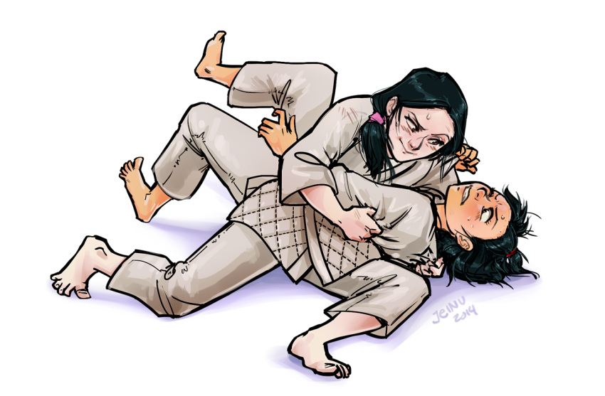 2girls, barefoot, black_hair, clenched_teeth, dougi, honami_sayaka, inokuma_yawara, jeinu