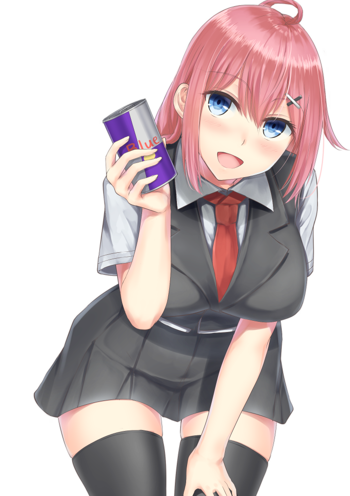 1girl, ahoge, black_legwear, blue_eyes, brand_name_imitation, ikinokore!_shachiku-chan, leaning_forward, long_hair