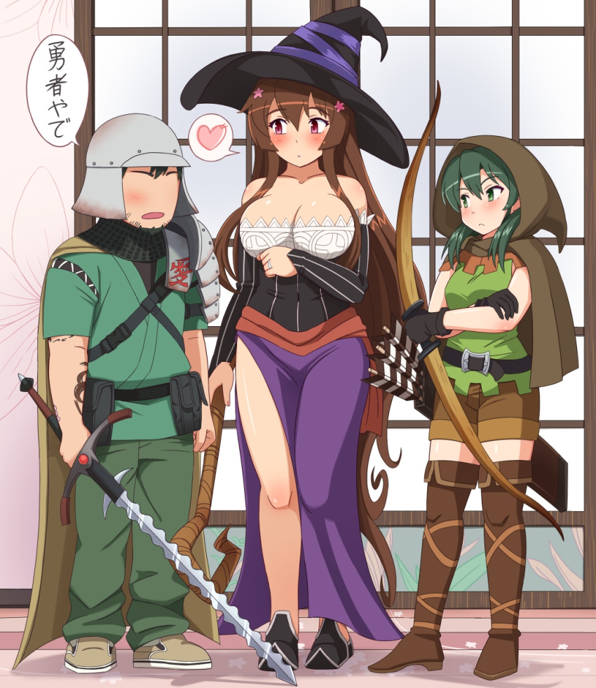 1boy, 2girls, arrow, artist_self-insert, black_gloves, bow_(weapon), breasts, brown_hair, character_request, cherry_blossoms, cleavage, cloak, commentary_request, cosplay, crossed_arms, dragon's_crown, elf_(dragon's_crown), elf_(dragon's_crown)_(cosplay), gloves, green_eyes, green_hair, halloween, halloween_costume, highres, kantai_collection, long_hair, multiple_girls, quiver, shin'en-san, shin'en_(gyokuro_company), shorts, sorceress_(dragon's_crown), sorceress_(dragon's_crown)_(cosplay), sword, tattoo, translation_request, very_long_hair, weapon, yamato_(kantai_collection), zuikaku_(kantai_collection)