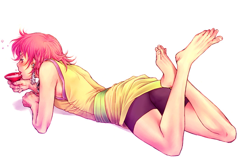androgynous, bike_shorts, blush, braid, crossed_legs, crossed_legs_(lying), earrings, feathers, feet, jewelry, kiske, lying, male, on_stomach, original, pink_hair, red_eyes, sake, single_braid, trap, tunic