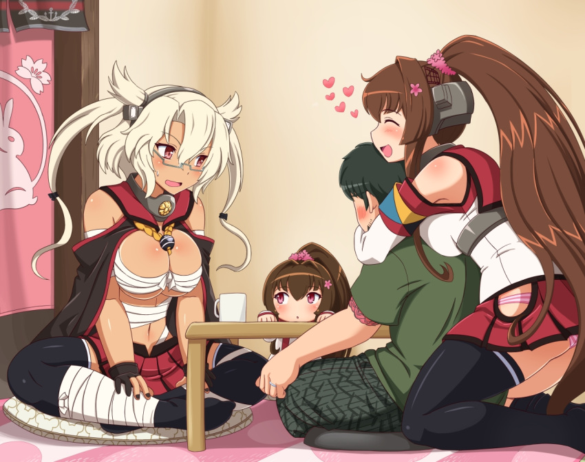 3girls, :d, :o, artist_self-insert, bandages, black_hair, blonde_hair, breasts