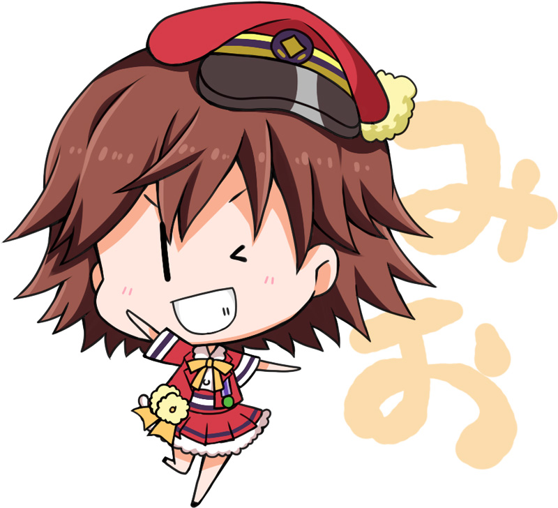 1girl, ;d, blush, bow, brown_hair, character_name, chibi, commentary_request