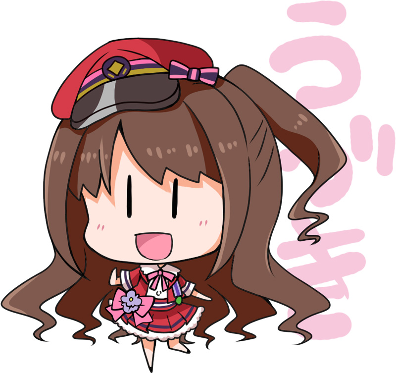 1girl, =d, blush, bow, brown_hair, character_name, chibi, commentary_request
