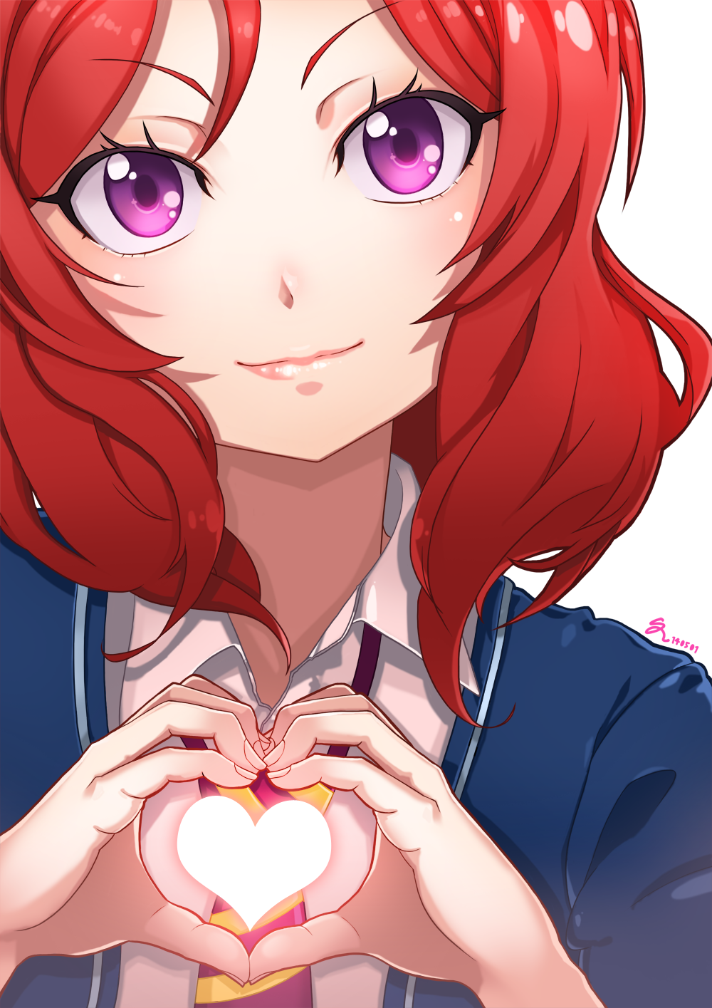 1girl, bangs, blazer, collar, fingernails, flush, heart, heart_hands