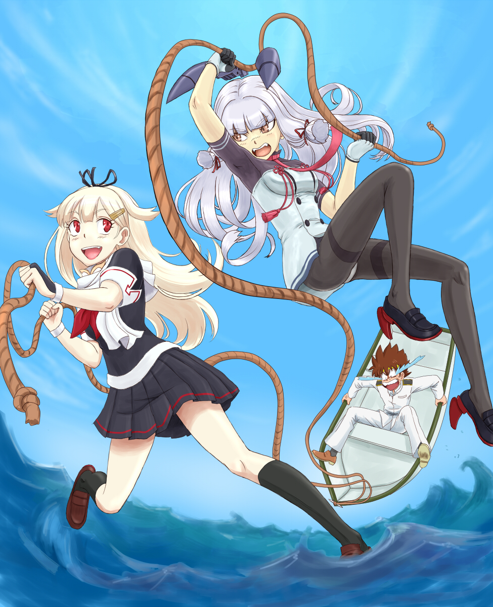 1boy, 2girls, :d, admiral_(kantai_collection), anbj, black_legwear, blonde_hair, blue_sky