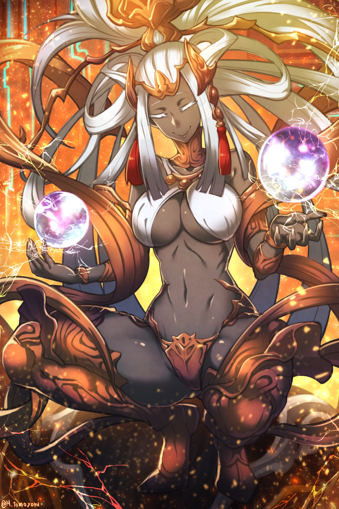 1girl, breasts, cleavage, final_fantasy, final_fantasy_xiv, grey_skin, hair_ornament, navel, orb, silver_hair, smile, solo, sophia_the_goddess, squatting, stomach, tomoyohi