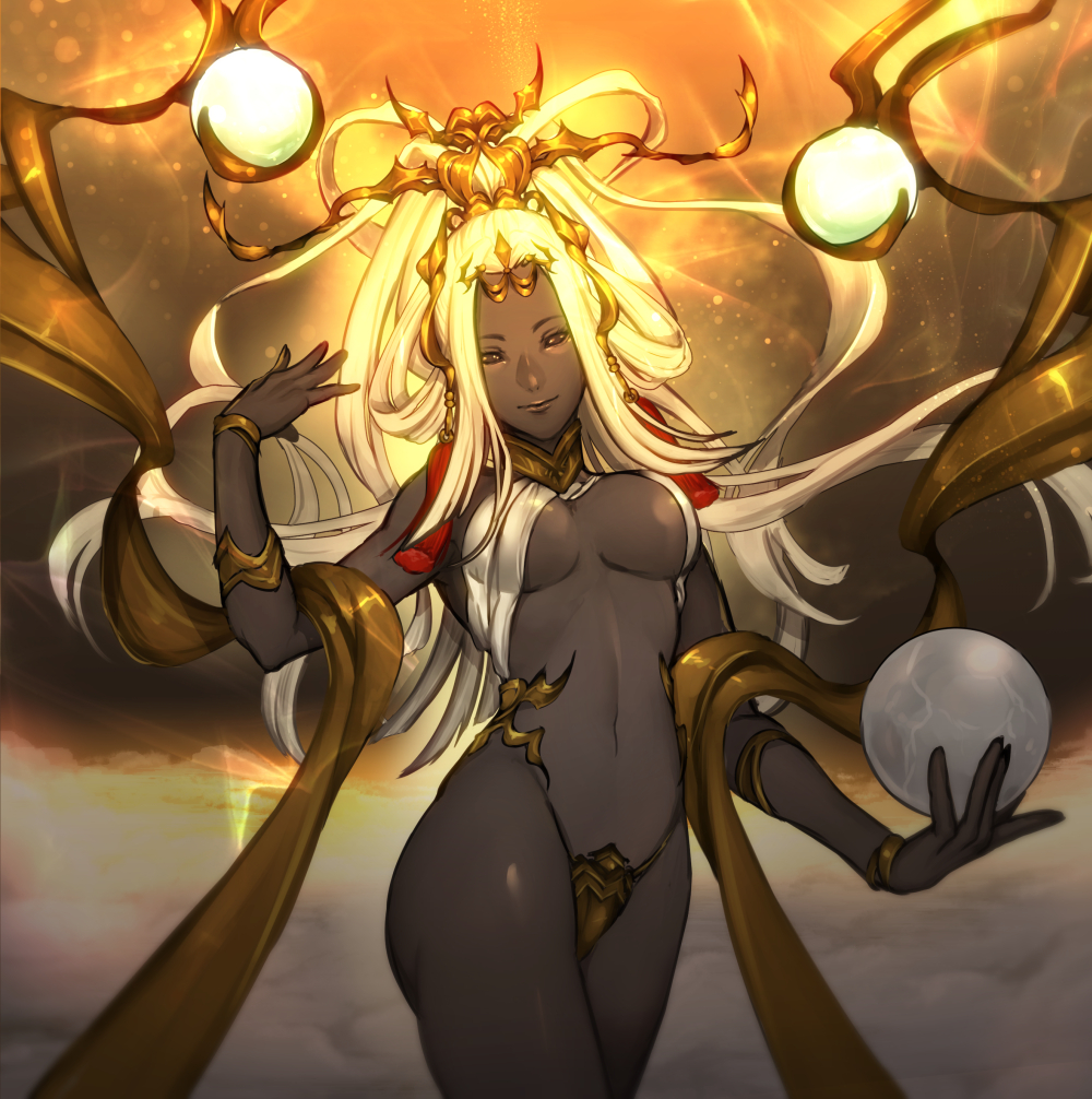 1girl, breasts, cleavage, domco, final_fantasy, final_fantasy_xiv, grey_skin, hair_ornament