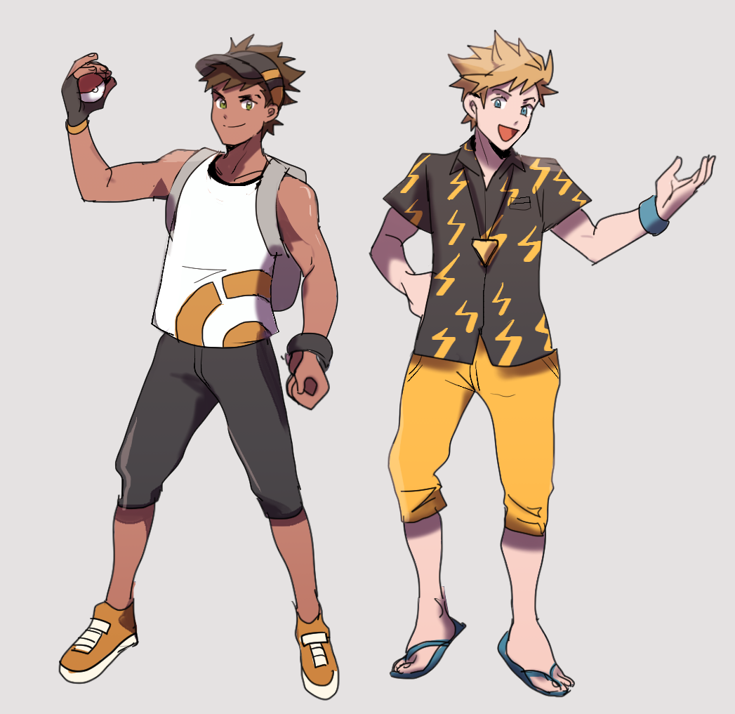2boys, alternate_costume, backpack, bag, bare_shoulders, blonde_hair, blue_eyes, brown_hair