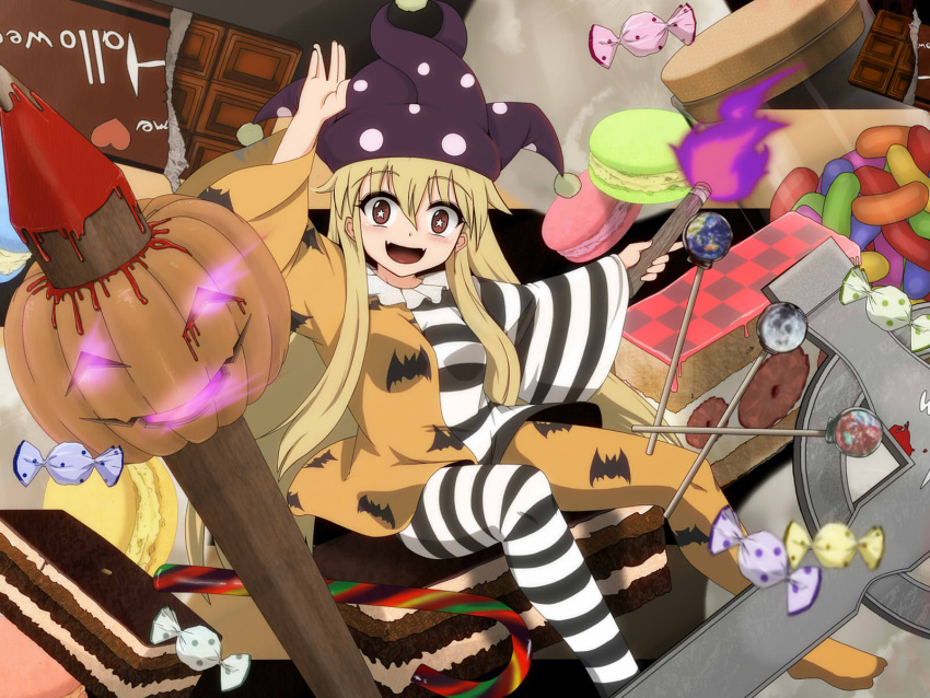 1girl, adapted_costume, alternate_color, bat_print, blonde_hair, blood, blush, candy