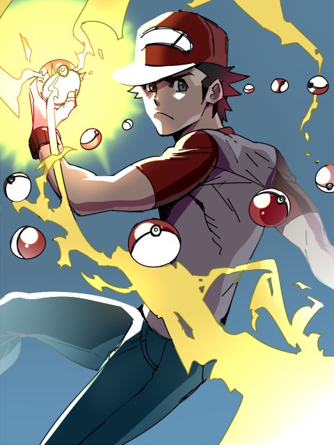 1boy, :<, blue_background, brown_eyes, brown_hair, denim, electricity, holding, holding_poke_ball, jeans, looking_at_viewer, mabataki, male_focus, pants, poke_ball, pokemon, pokemon_(game), pokemon_sm, red_(pokemon), red_(pokemon)_(sm), shirt, simple_background, solo, t-shirt