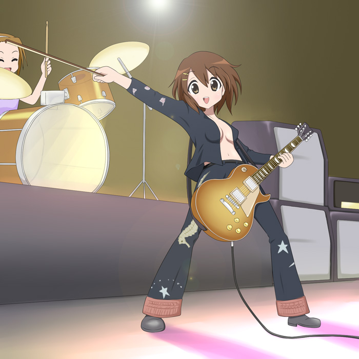 breasts, brown_eyes, brown_hair, cosplay, drum, drum_set, drums, guitar
