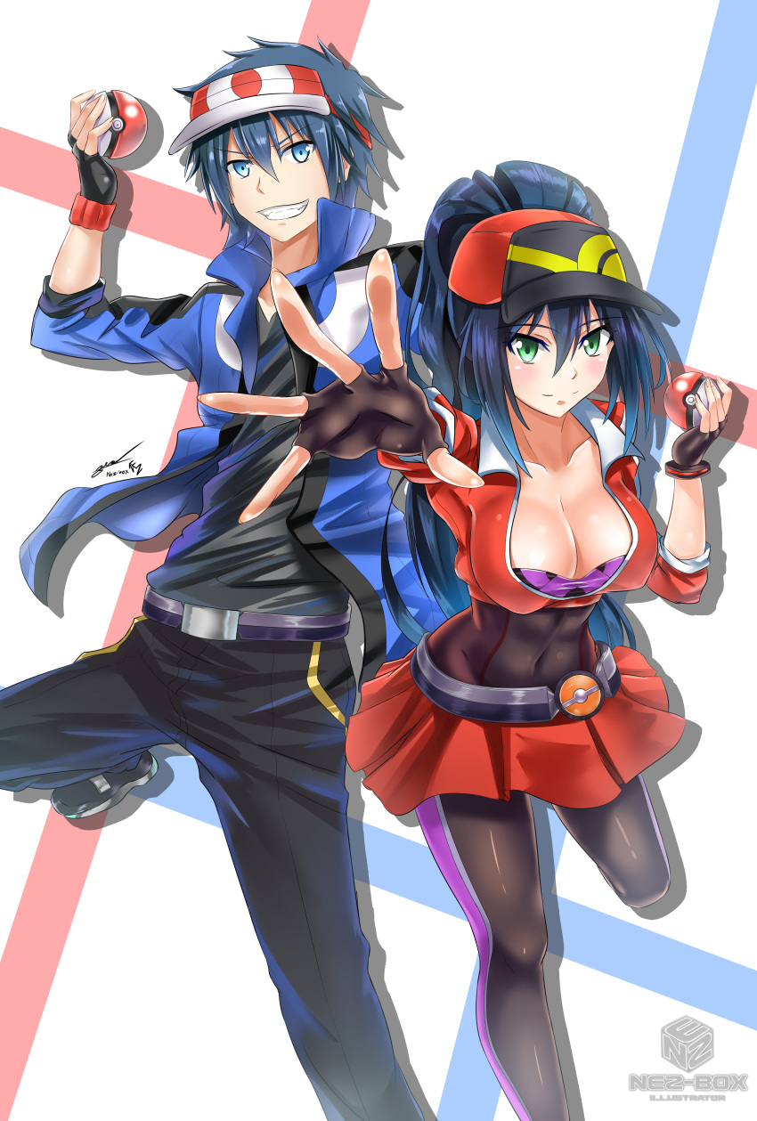 >:), 1boy, 1girl, absurdres, baseball_cap, belt, black_gloves, black_hair