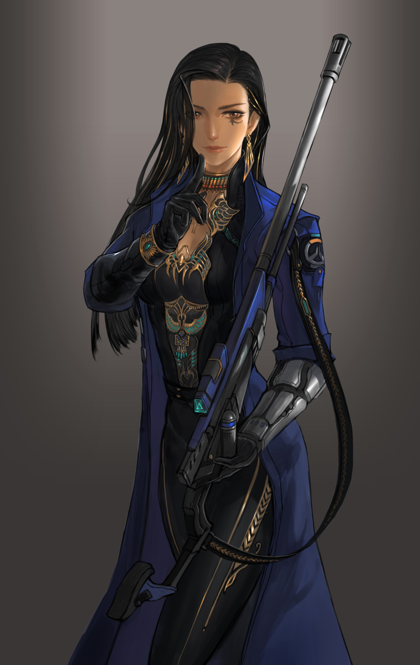 1girl, absurdres, adapted_costume, alternate_costume, ana_(overwatch), black_gloves, black_hair, bodysuit
