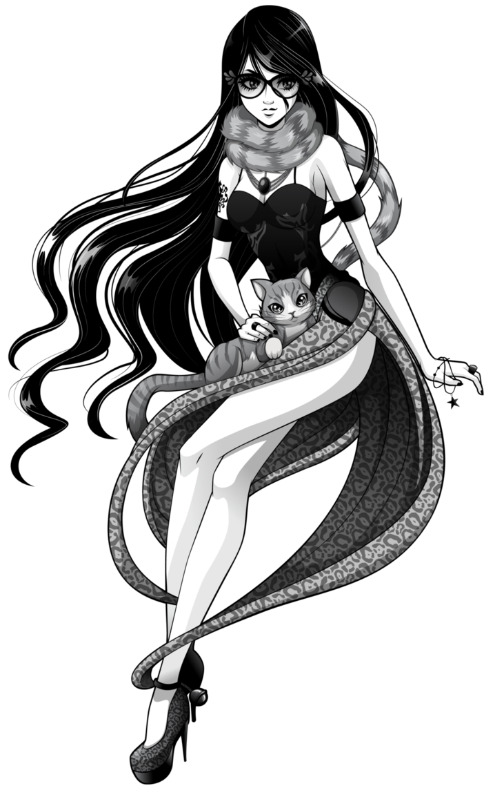 1girl, armband, black_hair, cat, dress, glasses, high_heels, jewelry