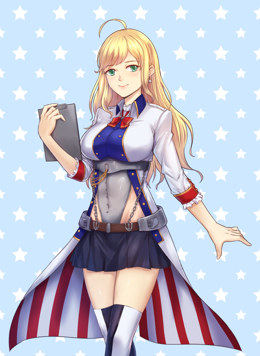 ahoge, american_flag_legwear, anchor, belt, black_skirt, blonde_hair, breasts, chain