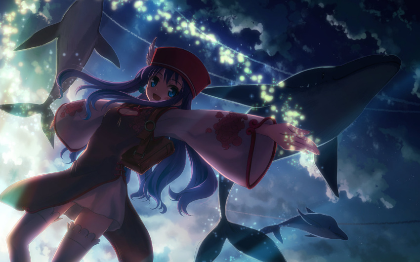 animal, blue_eyes, blue_hair, blush, cleavage_cutout, dj_max_portable, dolphin, hat