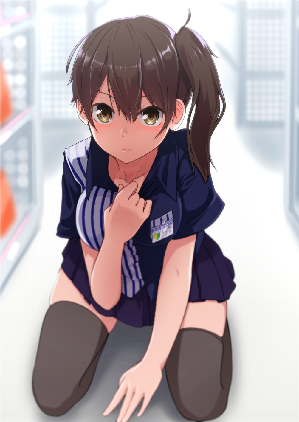 1girl, :|, backyard, bangs, between_legs, black_legwear, blue_shirt, blue_skirt