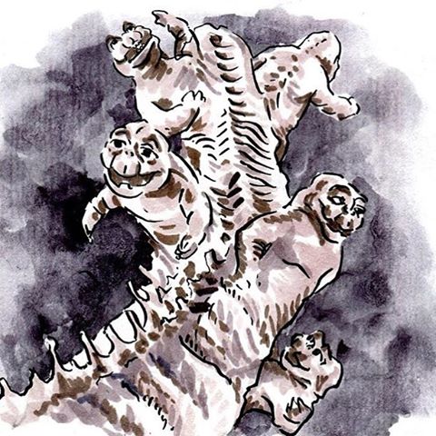 artist_request, clone, godzilla's_tail_crawling_with_creatures, godzilla_(series), kaijuu, lowres, minilla, no_humans