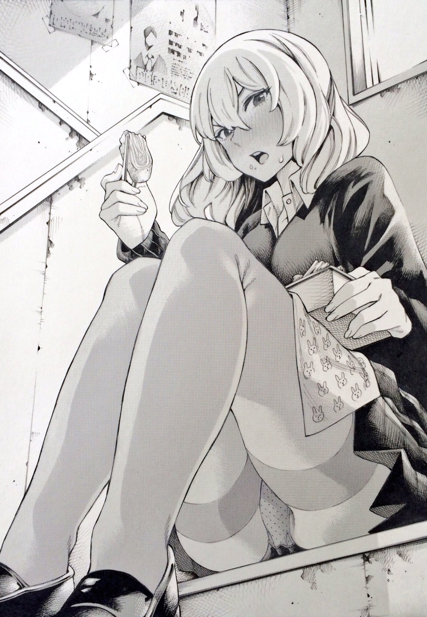 1girl, blush, chopsticks, food, food_on_face, from_below, highres, loafers