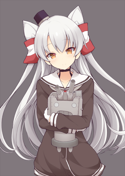 1girl, amatsukaze_(kantai_collection), brown_dress, dress, gloves, grey_background, hair_between_eyes, jam_(jam0601)