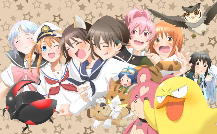 animal, animal_ears, aoki_hagane_no_arpeggio, artist_request, bird, boko_(girls_und_panzer), breast_grab, cat