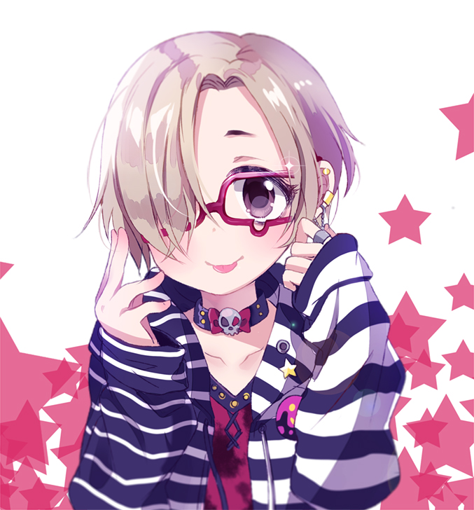 1girl, :p, bespectacled, blonde_hair, blush, brown_eyes, chocho_(homelessfox), choker, ear_piercing, earrings, glasses, hair_over_one_eye, hood, hoodie, idolmaster, idolmaster_cinderella_girls, jewelry, looking_at_viewer, piercing, red-framed_eyewear, shirasaka_koume, short_hair, sleeves_past_wrists, smile, solo, teardrop-framed_glasses, tongue, tongue_out