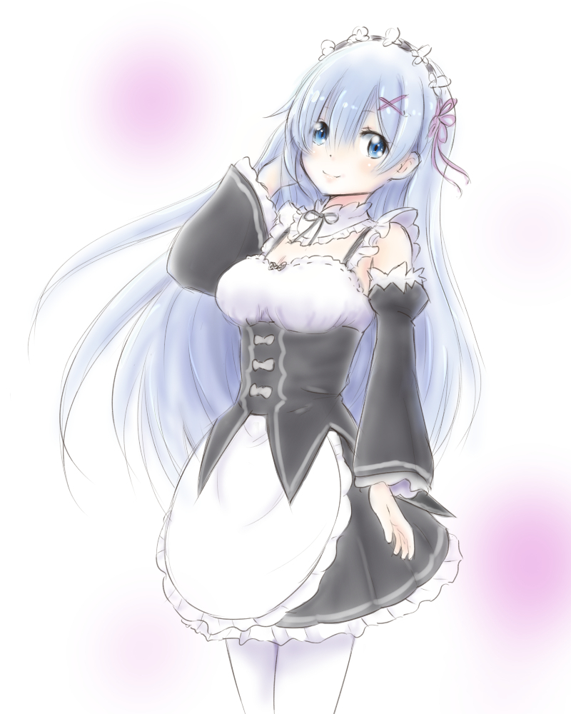 1girl, alternate_hair_length, alternate_hairstyle, blue_eyes, blue_hair, breasts, detached_sleeves, dress