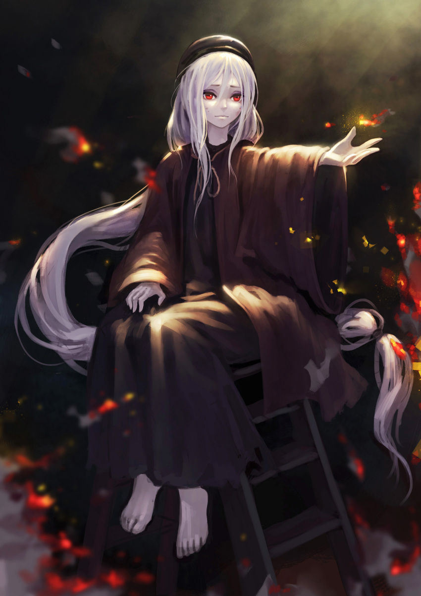 1girl, ashes_of_ariandel, barefoot, blurry, closed_mouth, dark_souls_iii, depth_of_field, fkey