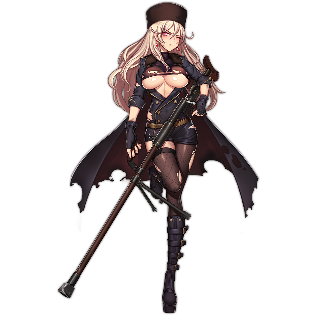 1girl, anti-materiel_rifle, asymmetrical_legwear, bandages, bangs, belt, belt_boots, between_breasts