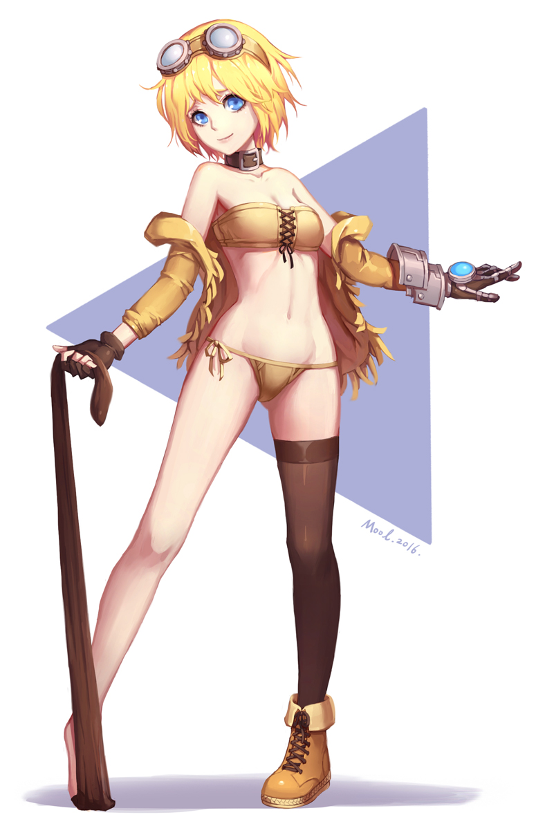 1girl, 2016, ankle_boots, artist_name, asymmetrical_gloves, bandeau, bare_shoulders, barefoot