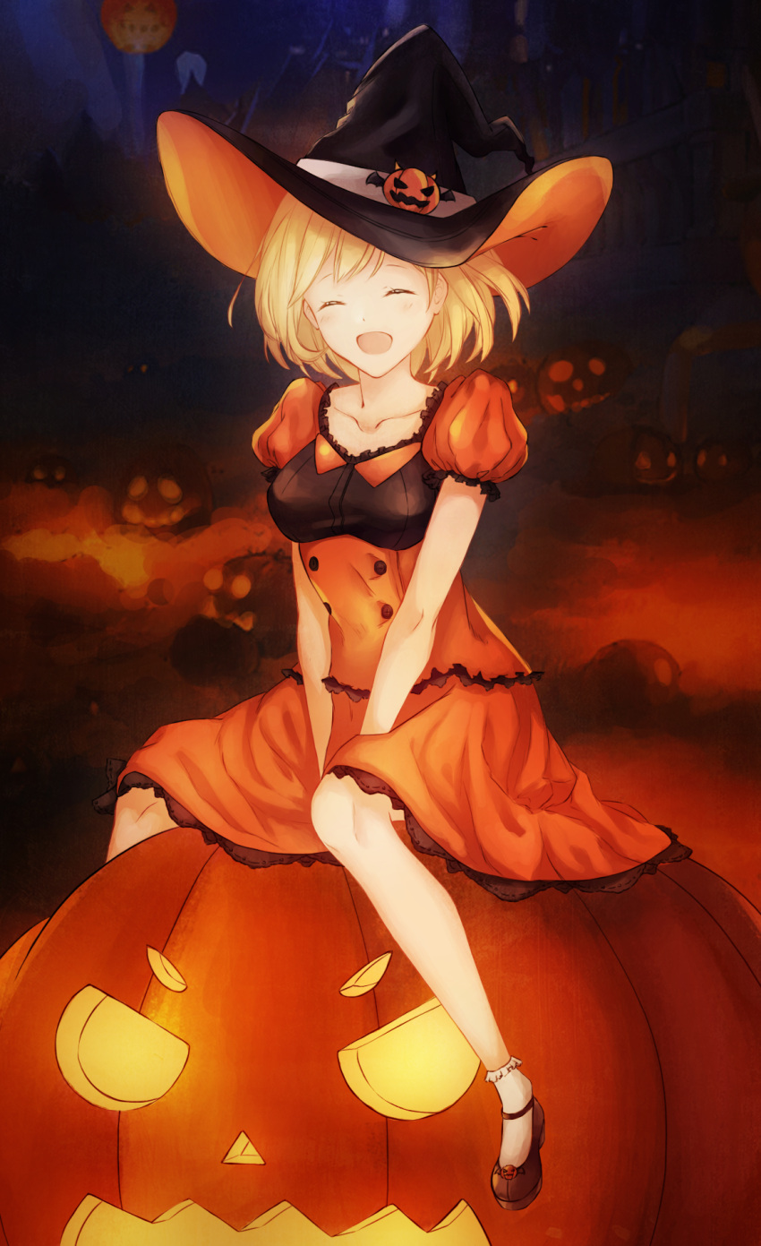 1girl, closed_eyes, djeeta_(granblue_fantasy), dress, glowing, granblue_fantasy, halloween, hat