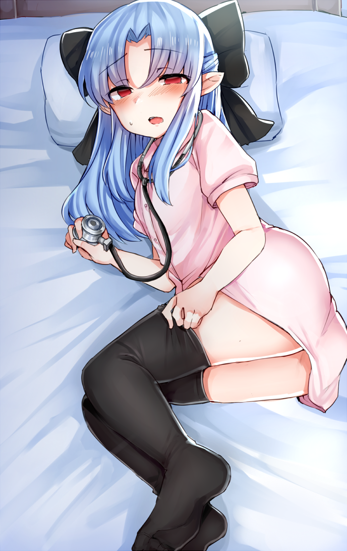 1girl, bed, bed_sheet, black_bow, black_legwear, blue_hair, blush, bow