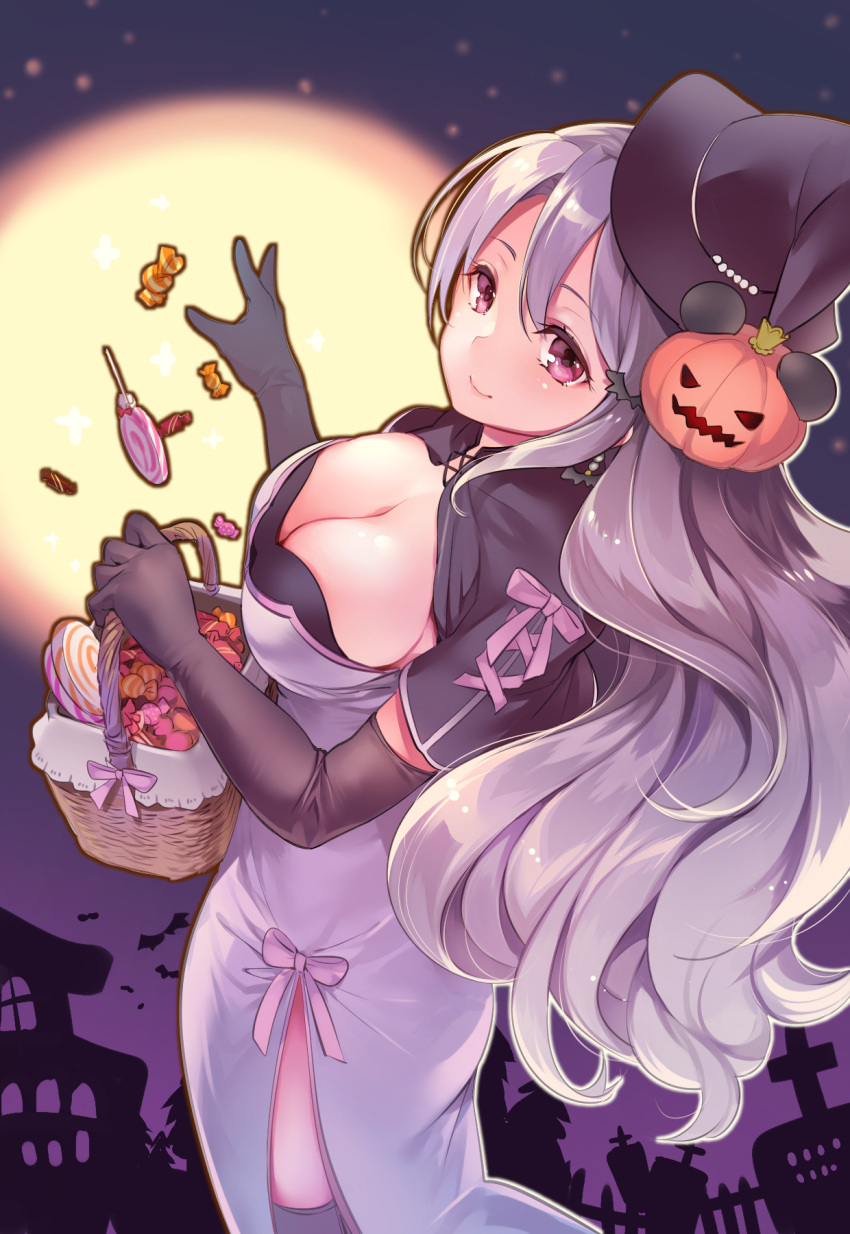 1girl, adapted_costume, basket, bat, black_gloves, black_hat, black_legwear, blush