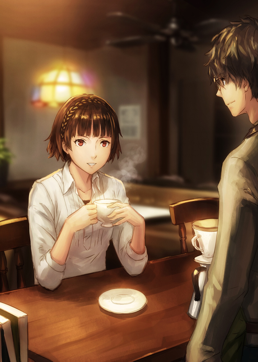 1boy, 1girl, anbe_yoshirou, bangs, black_hair, blunt_bangs, blurry, book