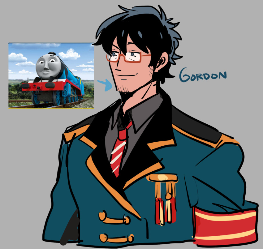 1boy, black_hair, commentary, facial_hair, glasses, glasses_enthusiast, gordon_the_big_engine, grey_background