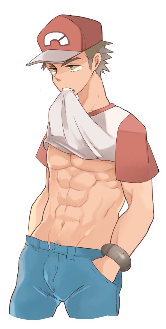 1boy, abs, aper, baseball_cap, brown_hair, denim, hands_in_pockets, hat, jeans, male_focus, mouth_hold, muscle, navel, pants, pectorals, pokemon, pokemon_(game), pokemon_sm, pubic_hair, red_(pokemon), red_(pokemon)_(sm), shirt_lift, simple_background, solo, tan, unbuttoned, white_background, z-ring