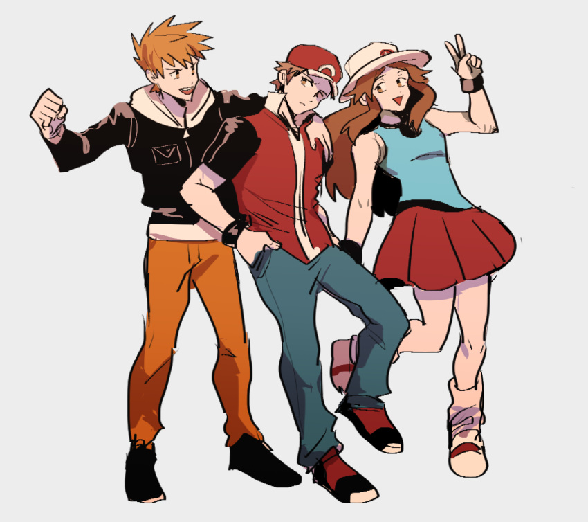 1girl, 2boys, arm_up, baseball_cap, blue_(pokemon), brown_eyes, brown_hair, denim