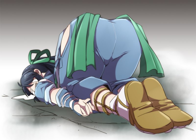 1boy, ass, black_hair, clenched_teeth, closed_eyes, drifters, hair_ribbon, japanese_clothes