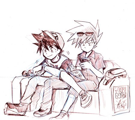 2boys, baseball_cap, bench, crossed_legs, graphite_(medium), hat, lowres, male_focus
