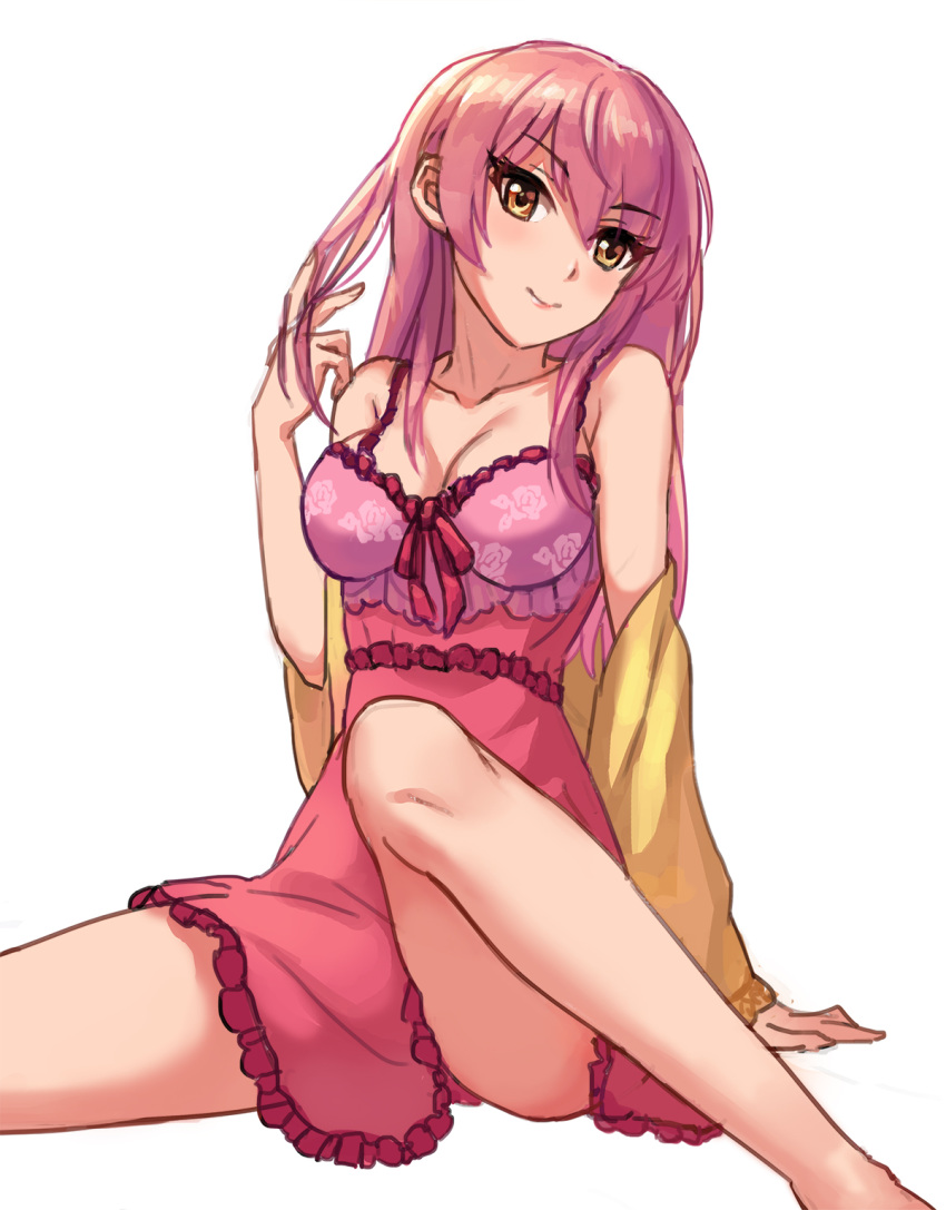 1girl, blush, breasts, cleavage, hair_twirling, head_tilt, highres, idolmaster