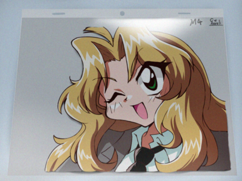 1girl, 90s, ahoge, blazer, blonde_hair, blush, cel, choroli_(chorolin)
