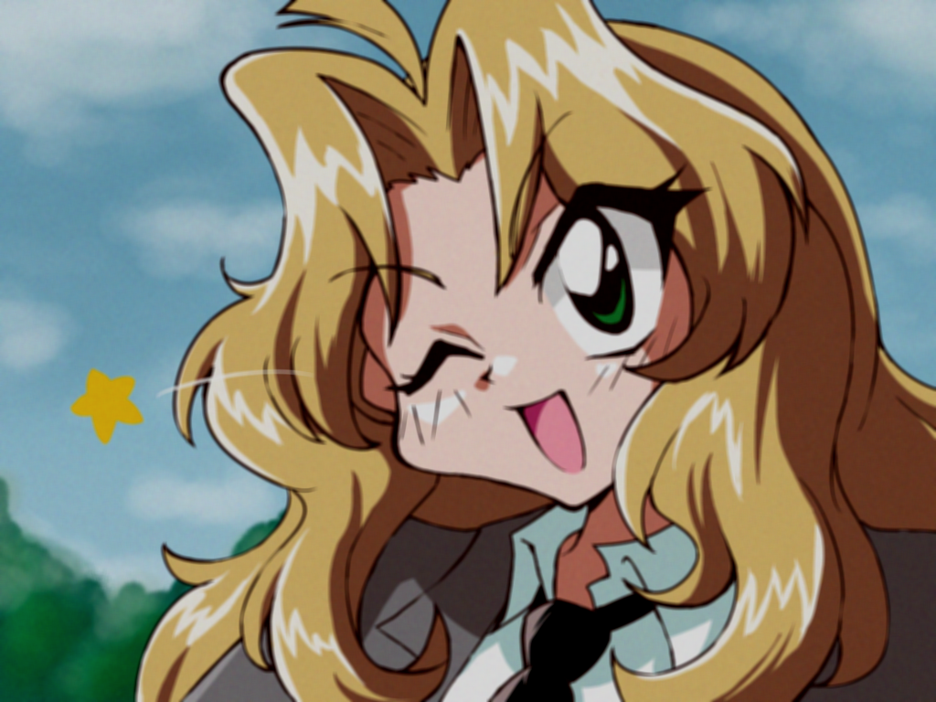 1girl, 90s, ahoge, anime_coloring, blazer, blonde_hair, blurry, blush