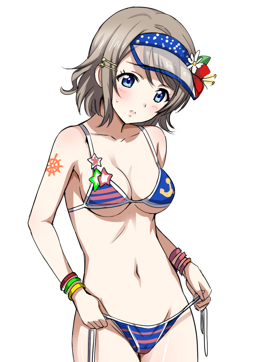 1girl, bikini, bikini_bottom_removed, blue_eyes, blush, bottomless, breasts, brown_hair