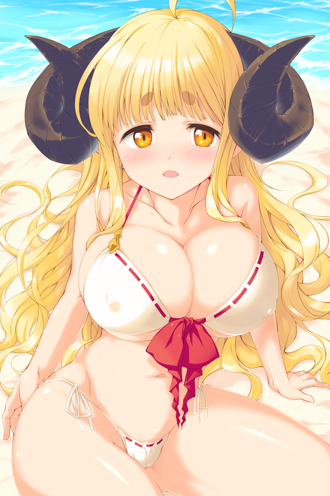 1girl, ahoge, anila_(granblue_fantasy), bangs, bikini, blonde_hair, blunt_bangs, blush