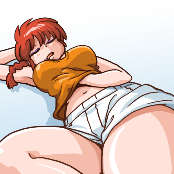 1girl, arm_up, armpits, boxers, braid, breasts, camisole, closed_eyes, drooling, female, genderswap, genderswap_(mtf), hand_under_clothes, lying, medium_breasts, midriff, navel, on_back, open_mouth, ranma-chan, ranma_1/2, redhead, saotome_ranma, single_braid, sleeping, solo, underwear, upshirt, upshorts, wantan-orz